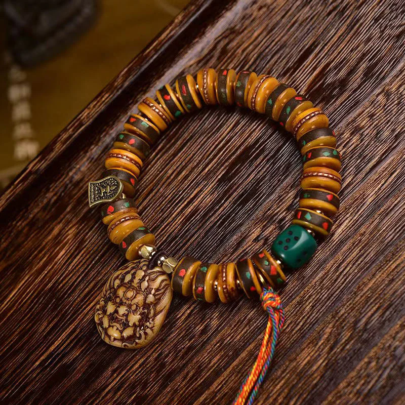 Buddha Stones Tibetan Camel Bone Dice Tassel Protection Bracelet