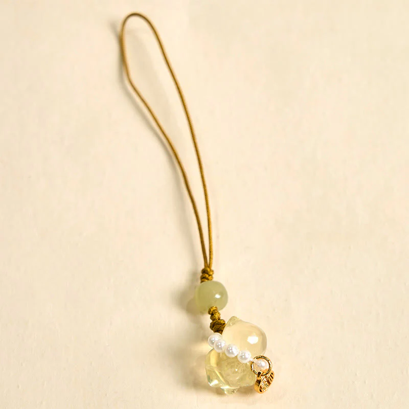 Buddha Stones Pink Crystal Amethyst Citrine Pearl Fu Character Lucky Kitten Warmth Phone Hanging Decoration