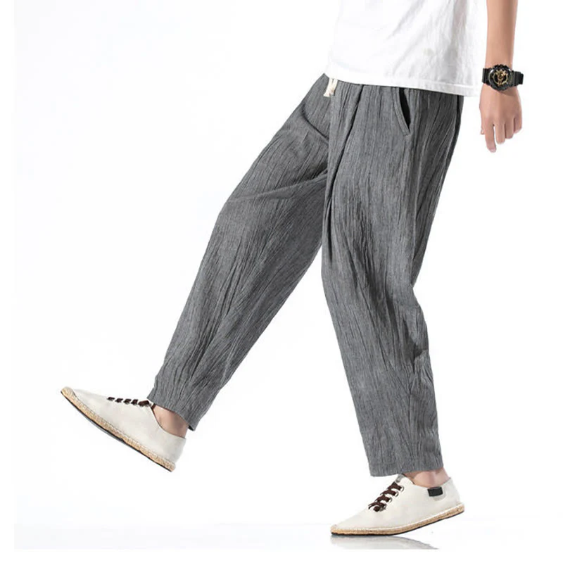 Buddha Stones Casual Plain Pleated Design Drawstring Men's Long Cotton Linen Harem Pants With Pockets