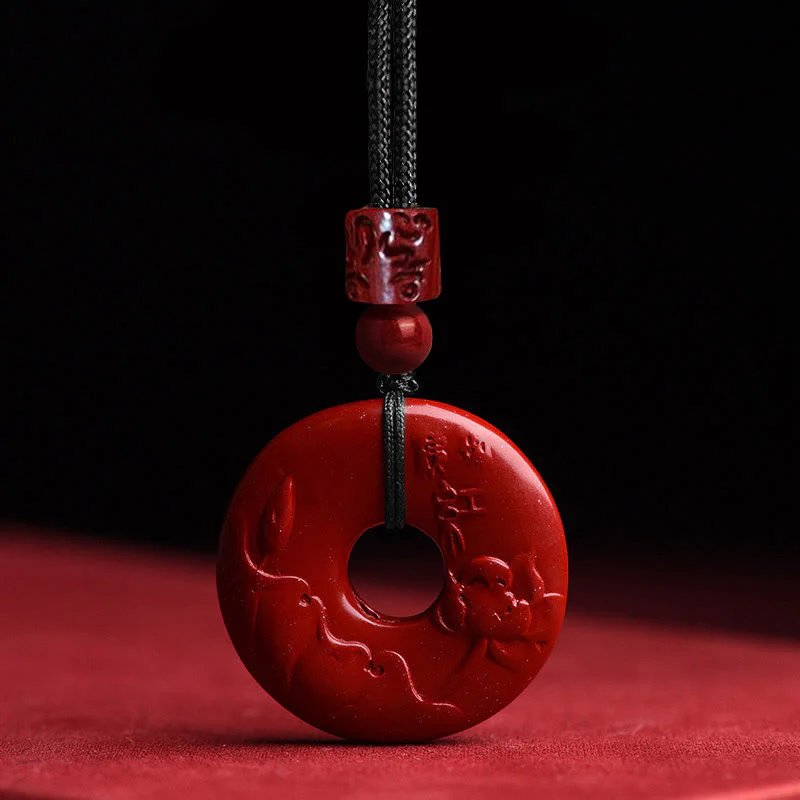 Buddha Stones Natural Cinnabar Lotus Peace Buckle Blessing Necklace String Pendant