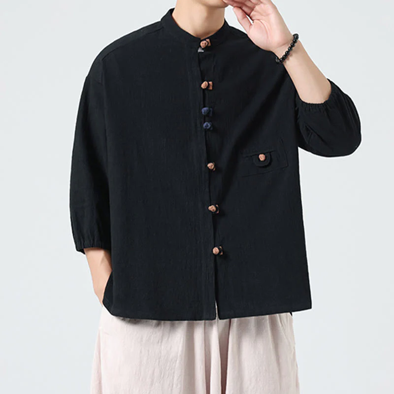Buddha Stones Summer Frog-Button Front Stand Collar Men's Three Quarter Sleeve Cotton Shirt Cardigan With Pocket