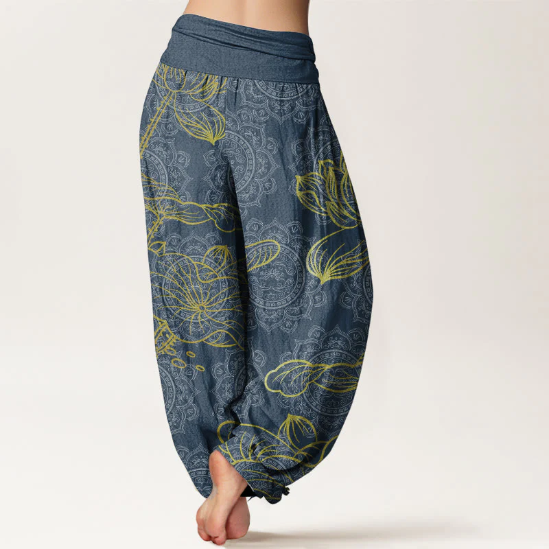 Buddha Stones Pure Cotton Golden Lotus Mandala Pattern Women's Elastic Waist Harem Pants