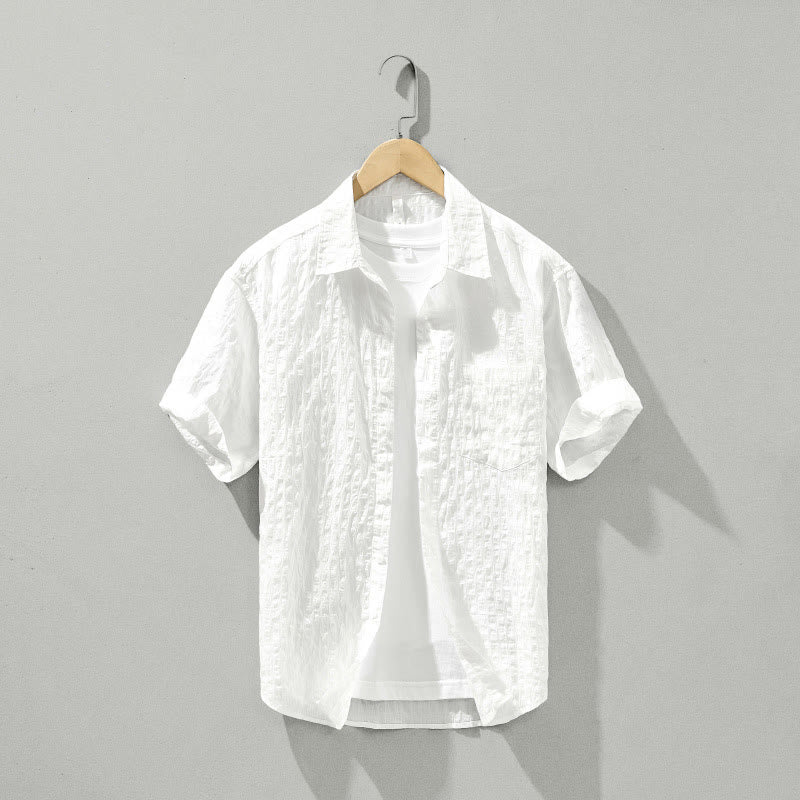 Buddha Stones Summer Solid Breathable Men's Buttons Short Sleeve Tencel Shirt