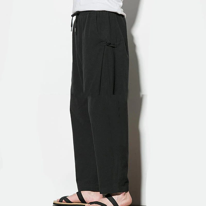 Buddha Stones Summer Side Frog-Button Design Men's Cotton Linen Pants With Pockets