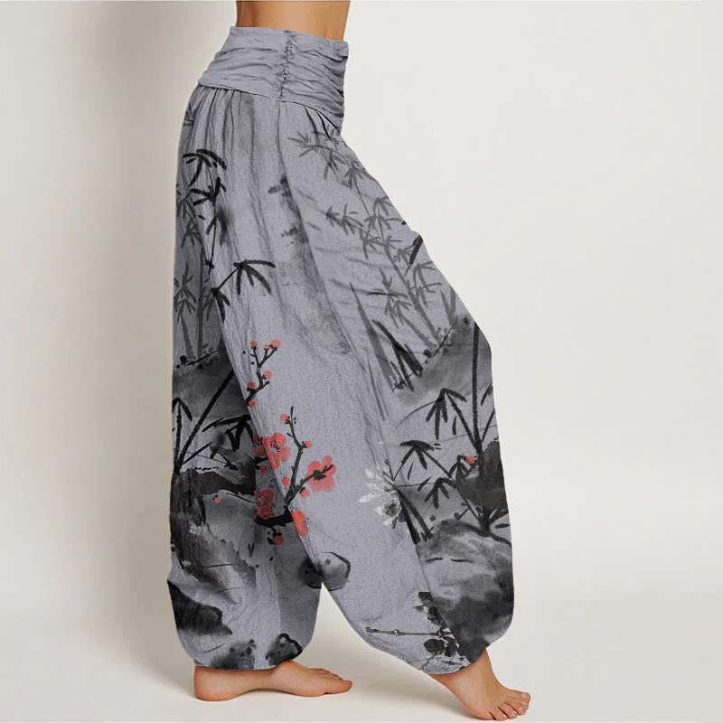 Buddha Stones Plum Blossoms Bamboo Orchids Chrysanthemums Pattern Women's Elastic Waist Harem Pants