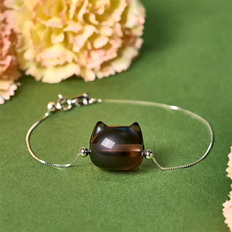 Buddha Stones 925 Sterling Silver Cat Natural Ice Obsidian Positive Bracelet