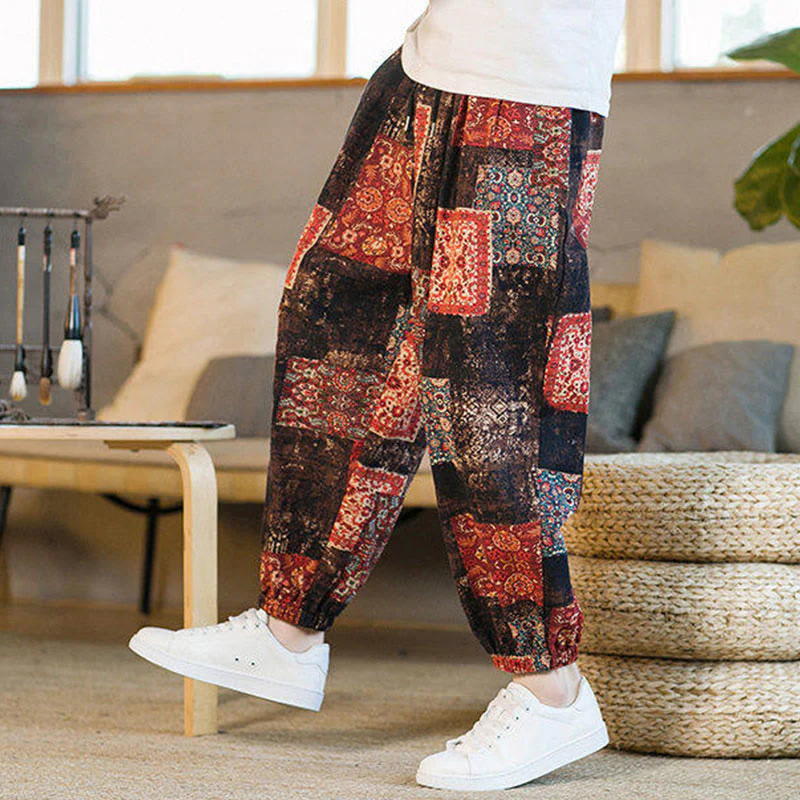 Buddha Stones Summer Square Patchwork Cotton Linen Men's Ankle-Length Harem Pants With Pockets