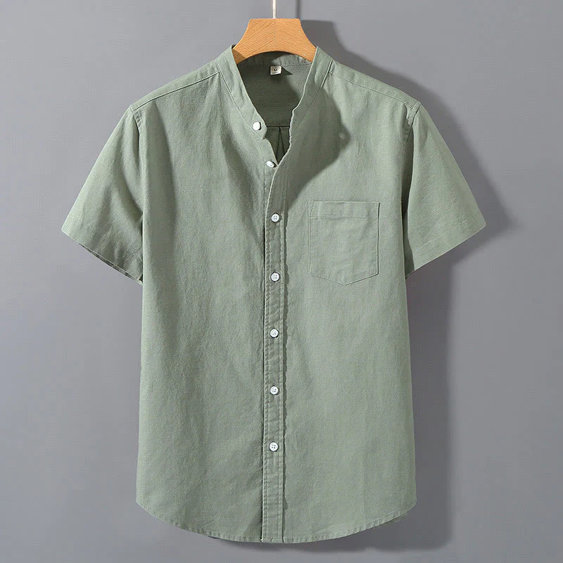 Buddha Stones Summer Men's Short Sleeve Button Down Cotton Linen Shirt
