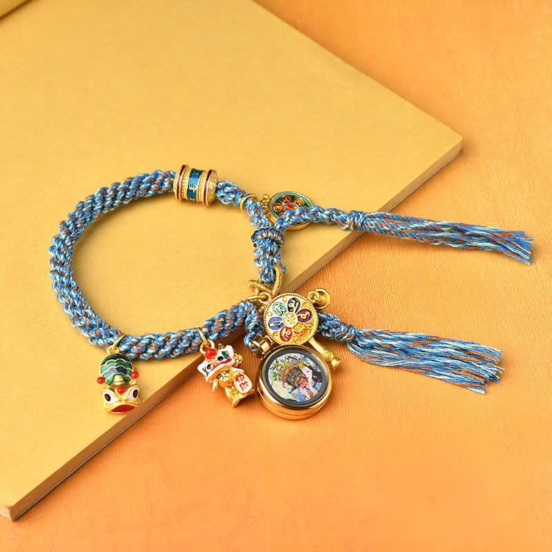Buddha Stones Tibetan Zakiram Goddess of Wealth Thangka Luck Prayer Wheel Braid String Bracelet