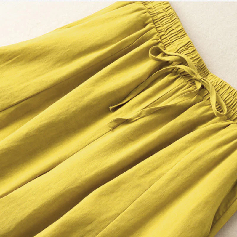 Buddha Stones Plain Color 7-8 Length Capri Cropped Pants Cotton Linen Women's Wide Leg Pants With Pockets