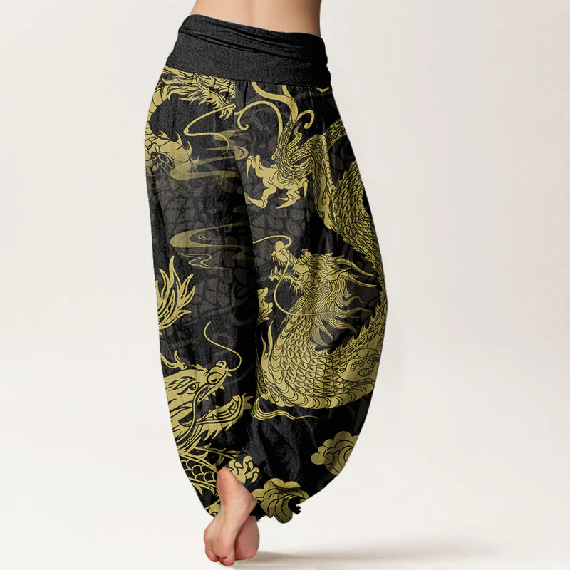 Buddha Stones Pure Cotton Dragon Auspicious Clouds Women's Elastic Waist Harem Pants