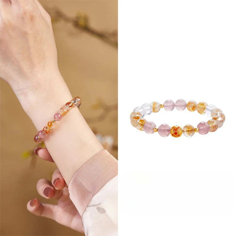 Buddha Stones 999 Sterling Silver Citrine Strawberry Quartz White Crystal Protection Bracelet