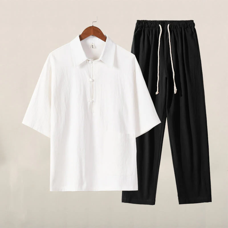 Buddha Stones Casual 2Pcs Pure Color Half Button Design Shirt Drawstring Pants Men's Cotton Linen Meditation Cloth Set With Pockets