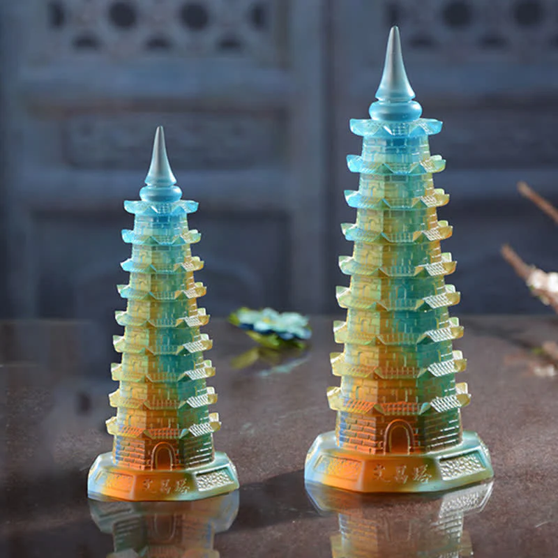 Buddha Stones Feng Shui Wenchang Tower Handmade Liuli Crystal Pagoda Art Piece Luck Home Office Decoration