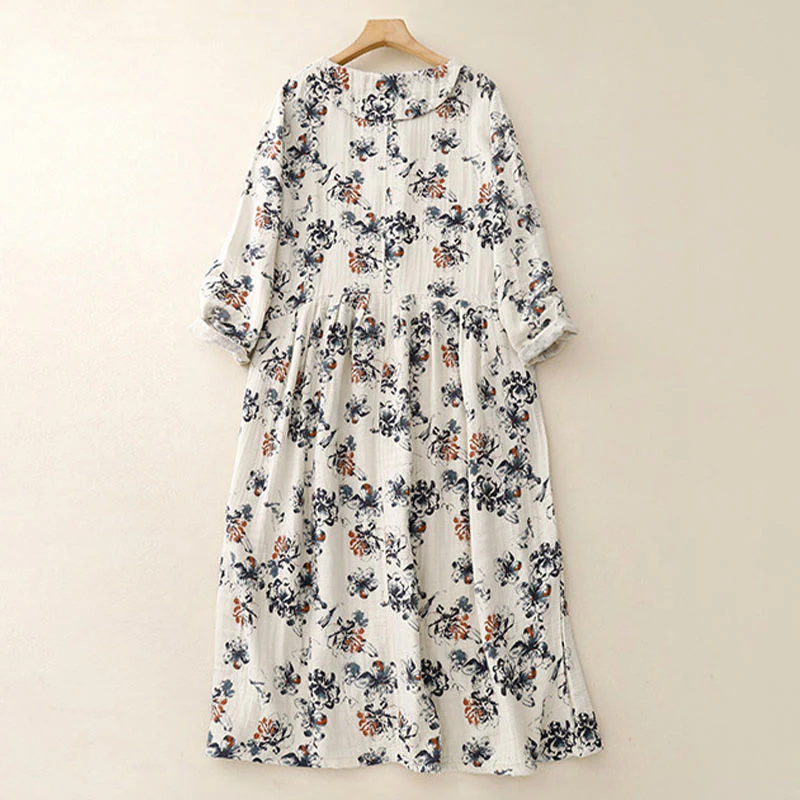 Buddha Stones Casual Small Floral Pattern Crew Neck Cotton Linen Midi Dress With Pockets