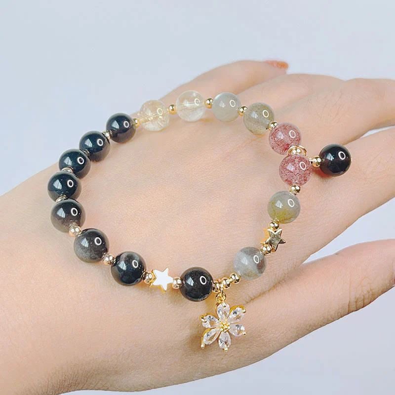 Buddha Stones Natural Silver Sheen Obsidian Love Heart Star Flower Protection Bracelet (Extra 30% Off | USE CODE: FS30)