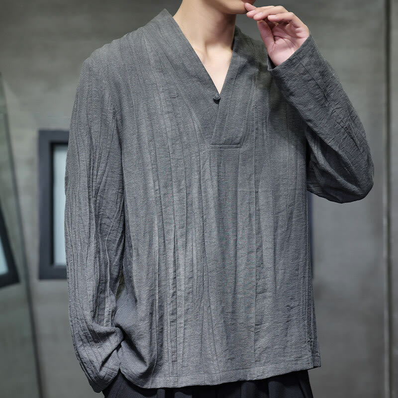 Buddha Stones Plain V-Neck Long Sleeve Men's Linen Shirt