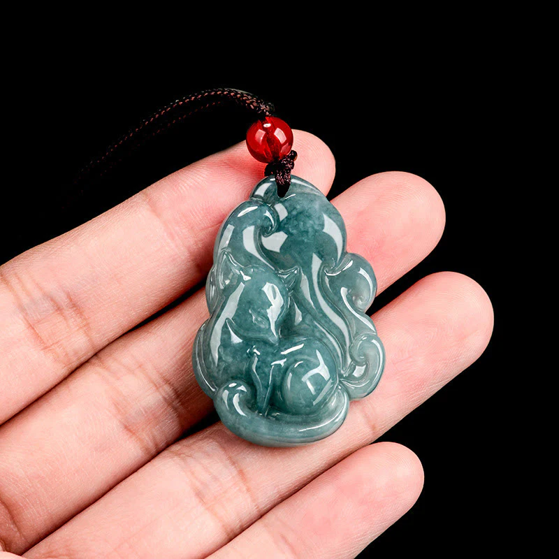Buddha Stones Natural Green Jade Nine Tailed Fox Fairy Prosperity Necklace Pendant