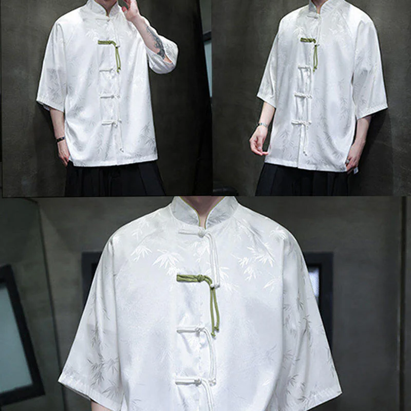 Buddha Stones Jacquard Bamboo Pattern Chinese Frog-Button Stand Collar Tang Suit Men's Cotton Shirt