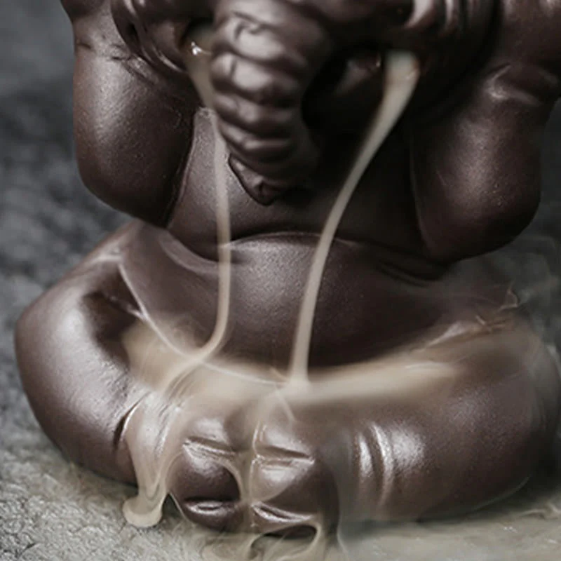Buddha Stones Cute Elephant Purple Clay Backflow Smoke Fountain Peace Healing Incense Burner Decoration