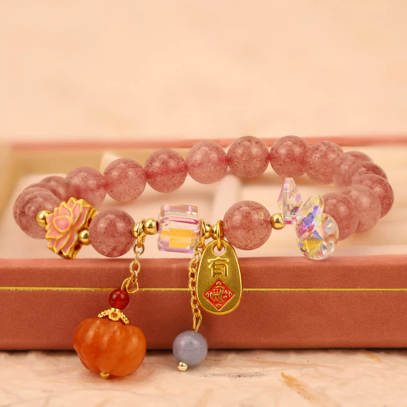 Buddha Stones Natural Strawberry Quartz Fu Character Pumpkin Charm Positive Bracelet