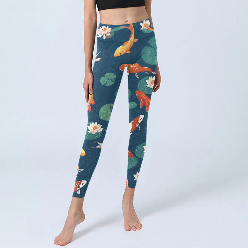 Buddha Stones Koi Fish Lotus Flower Lotus Leaves Pattern Print Gym Leggings Women's Yoga Pants