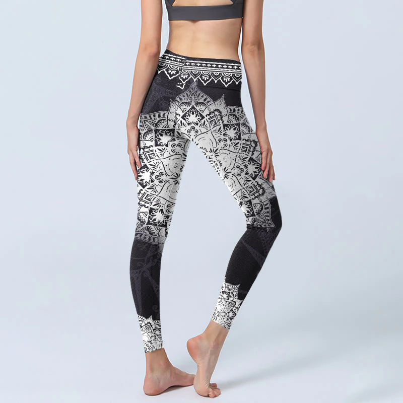 Buddha Stones Black Mandala Flowers Print Exercise Leggings Women's Yoga Pants