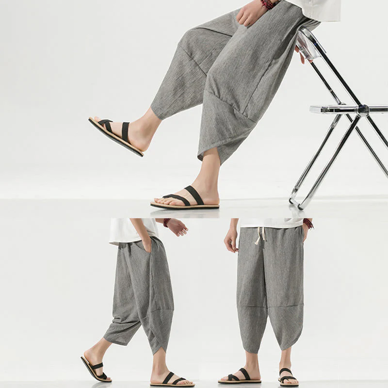 Buddha Stones Plain Simple Design Drawstring 7-8 Length Linen Men's Harem Pants With Pockets
