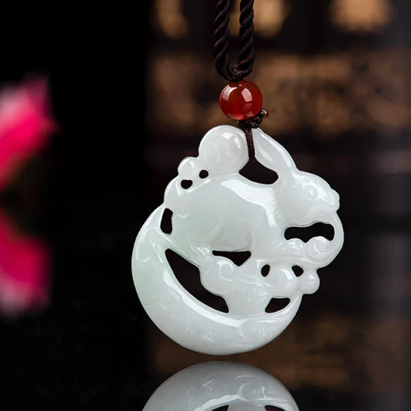Buddha Stones Year of the Rabbit White Jade Crescent Moon Protection Necklace Pendant