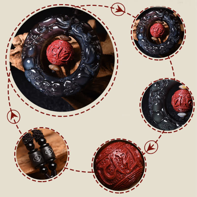 Buddha Stones FengShui Natural Rainbow Obsidian PiXiu Cinnabar Healing Necklace Pendant