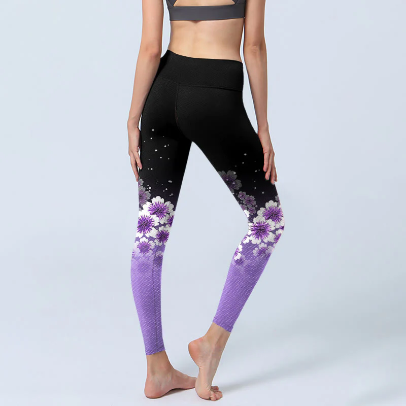 Buddha Stones White Purple Cherry Blossom Pattern Print Gym Leggings Women's Yoga Pants