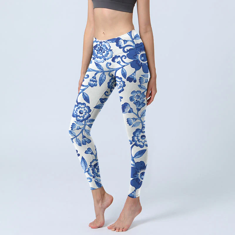 Buddha Stones Blue Flowers Leaves Branches Print Gym Leggings Women's Yoga Pants