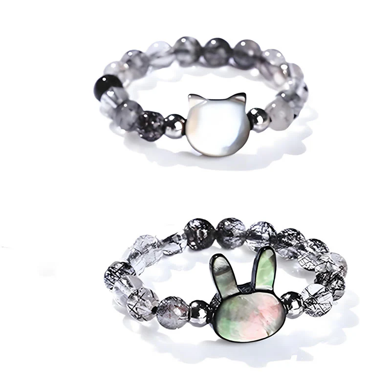 Buddha Stones 3mm Black Rutilated Quartz Tridacna Stone Rabbit Cat Ring