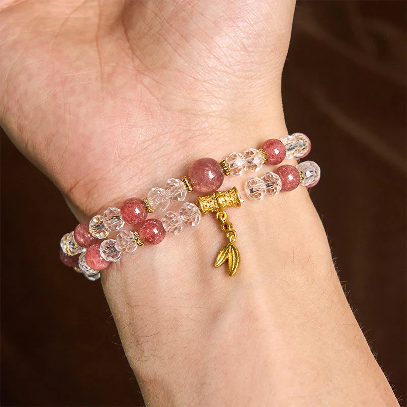 Buddha Stones Natural Strawberry Quartz Crystal Bamboo Positive Double Wrap Bracelet