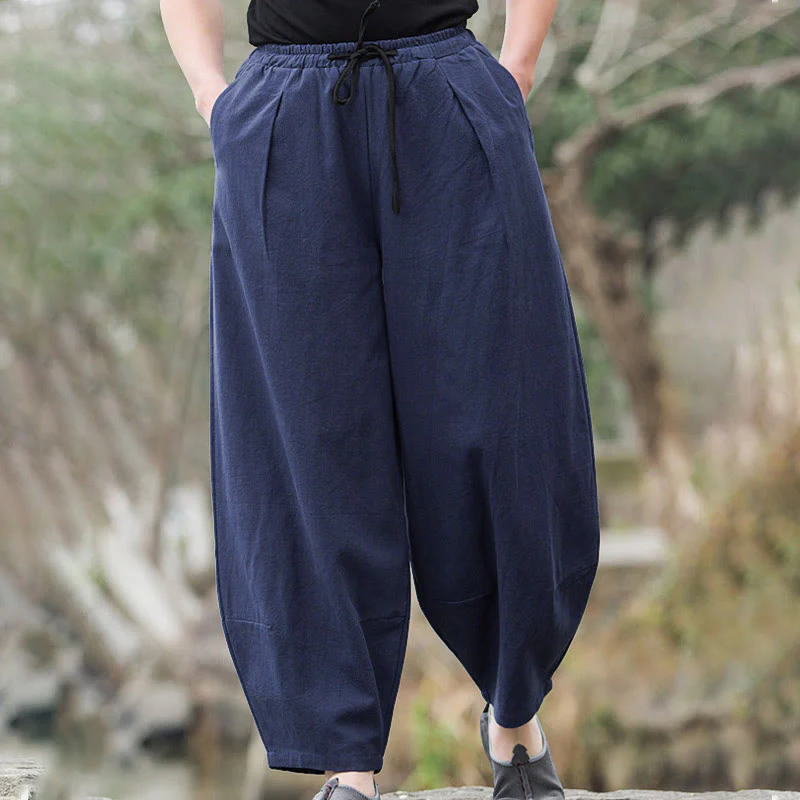 Buddha Stones Plain Casual Linen Bloomer Men's Pants With Pockets