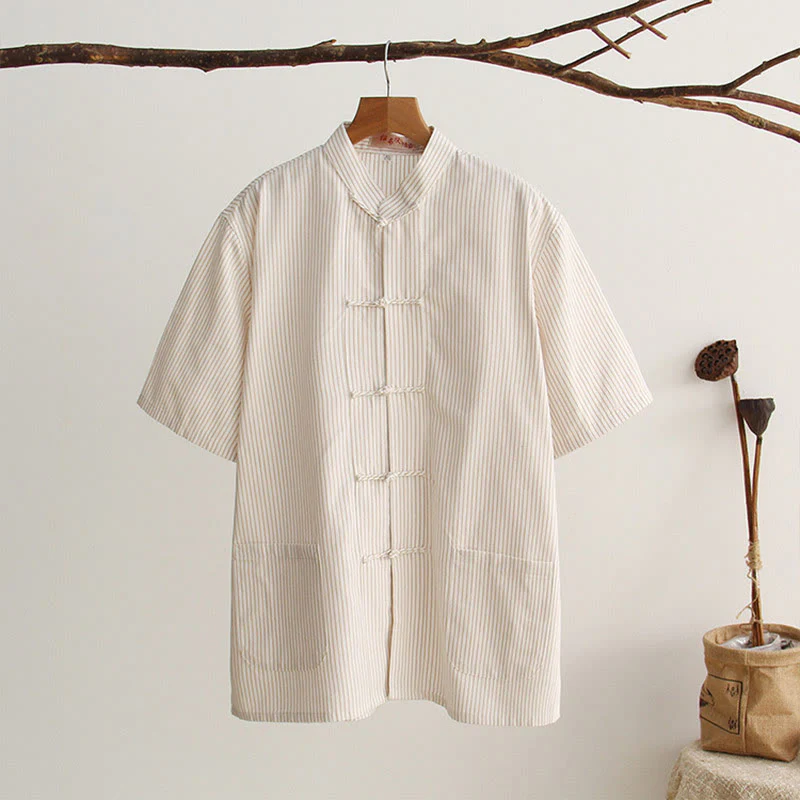 Buddha Stones Chinese Frog-Button Tang Suit Men's Short Sleeve Cotton Shirt With Pockets
