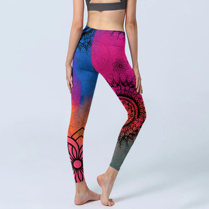 Buddha Stones Rose Red Blue Mandala Flower Print Gym Leggings Women's Yoga Pants