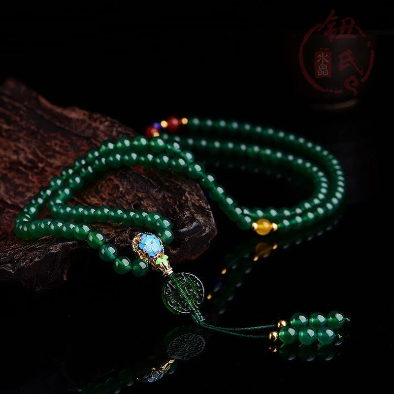 Buddha Stones 108 Mala Beads Natural Green Agate Power Support Bracelet