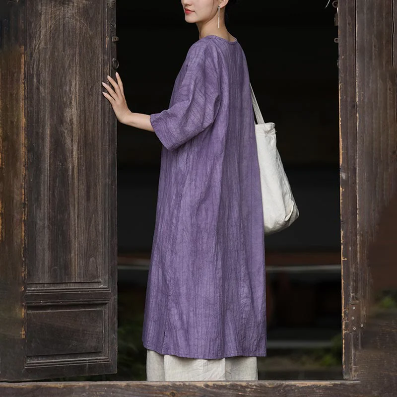 Buddha Stones Handmade Tie Dye Ramie Linen Frog-Button Midi Dress Wide Leg Pants With Pockets