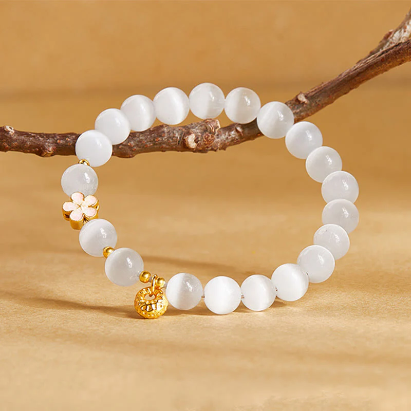 Buddha Stones 925 Sterling Silver Natural Peach Blossom White Cat's Eye Positive Bracelet