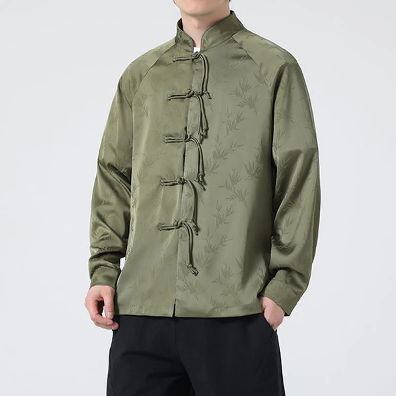 Buddha Stones Spring Jacquard Bamboo Leaves Pattern Chinese Frog-Button Design Men's Long Sleeve Shirt