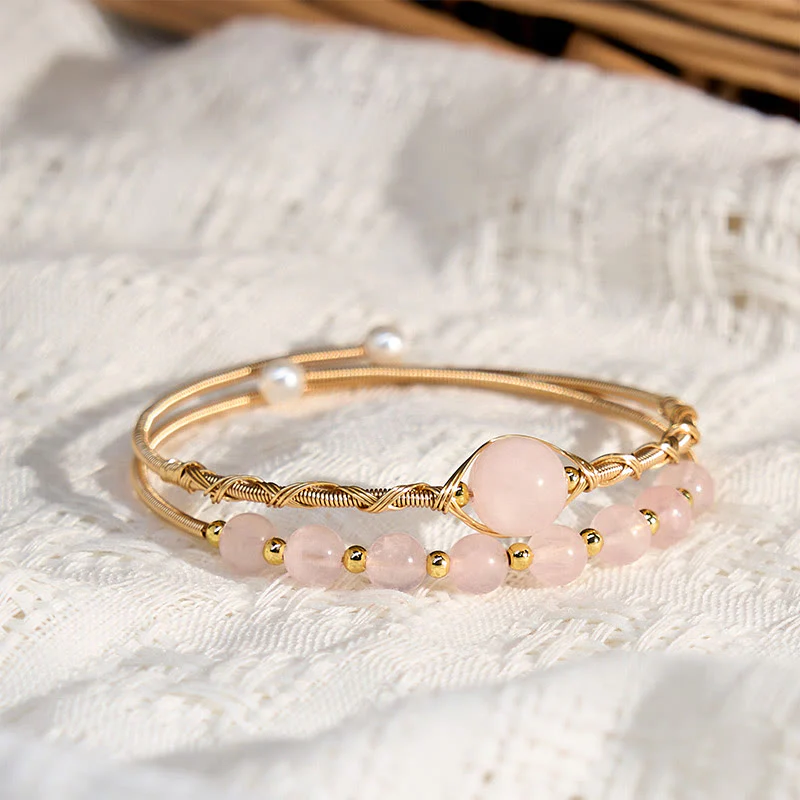 Buddha Stones Natural Rose Quartz Love Healing Metal Cuff Bracelet Bangle