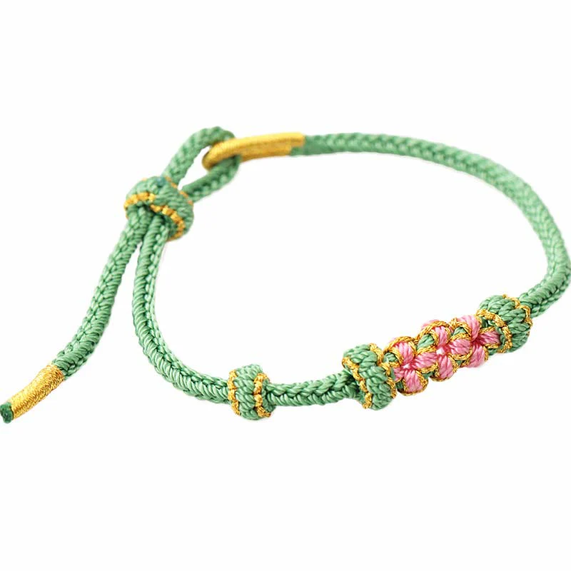 Buddha Stones Handmade Three Peach Blossoms Luck Eight Strands Braided String Bracelet