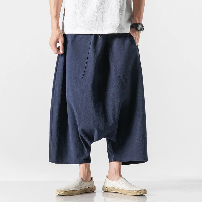 Buddha Stones Casual Low Crotch Design Drawstring Men's 7-8 Length Cotton Linen Wide Leg Pants With Pockets