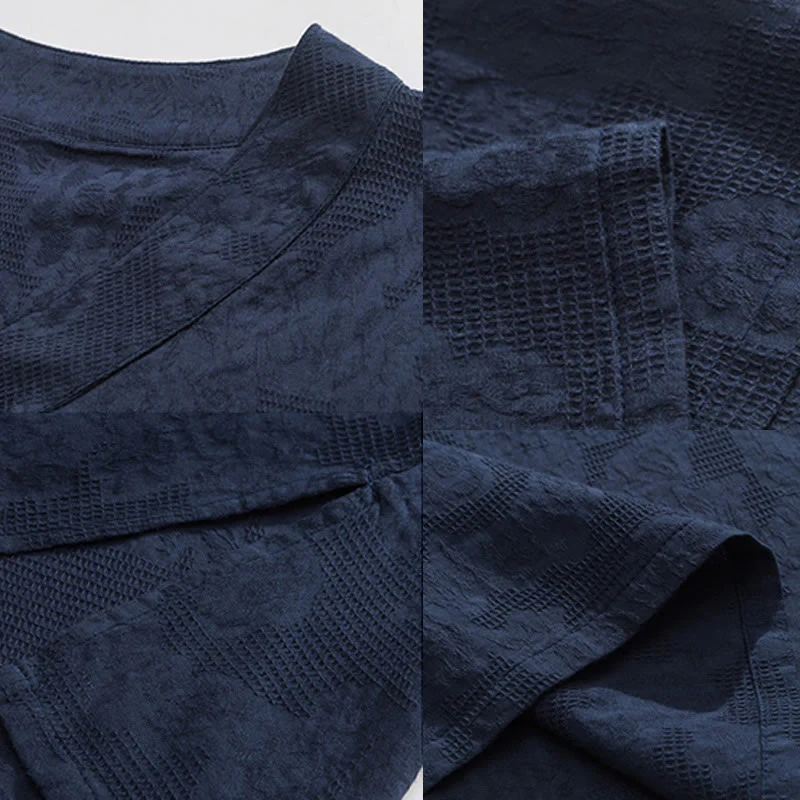 Buddha Stones Ethnic Distressed Jacquard Frog-Button Men's Stand Collar Half Sleeve Cotton Linen Shirt Tai Chi Clothes