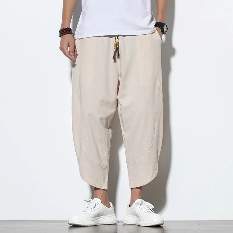 Buddha Stones Casual Summer Drawstring 7-8 Length Linen Men's Harem Pants With Pockets