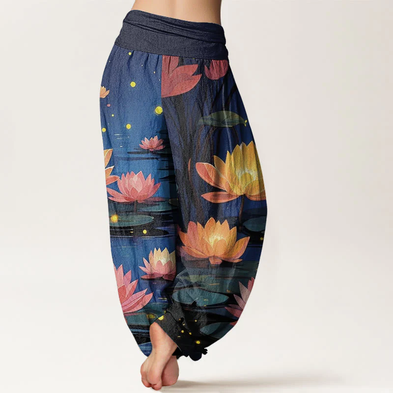 Buddha Stones Casual Peaceful Nighttime Lotus Pattern Women's Elastic Waist Harem Pants
