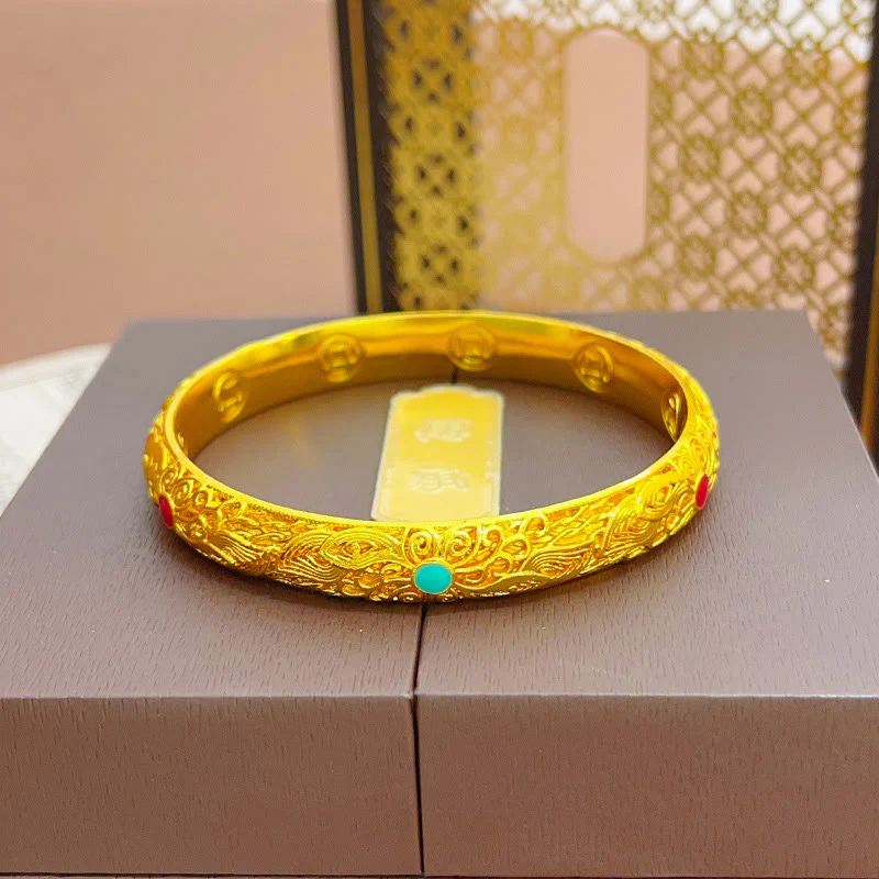 Buddha Stones Copper Plated Gold Flowers Leaves Luck Bracelet Bangle