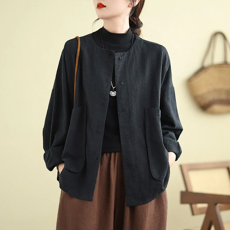 Buddha Stones Plain Design Long Sleeve Women's Cotton Linen Jacket With Pockets
