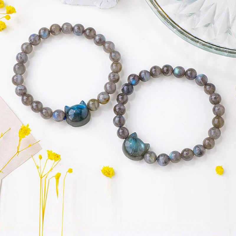 Buddha Stones Natural Labradorite Cute Cat Head Healing Change Bracelet